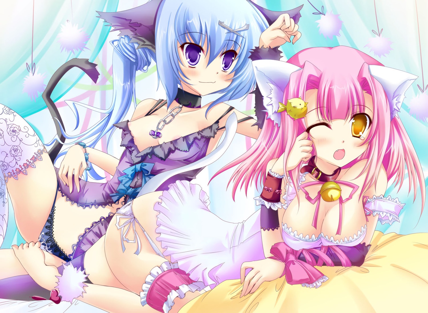 animal_ears areola cleavage hinata_momo nekomimi nipple_slip pantsu string_panties tail thighhighs