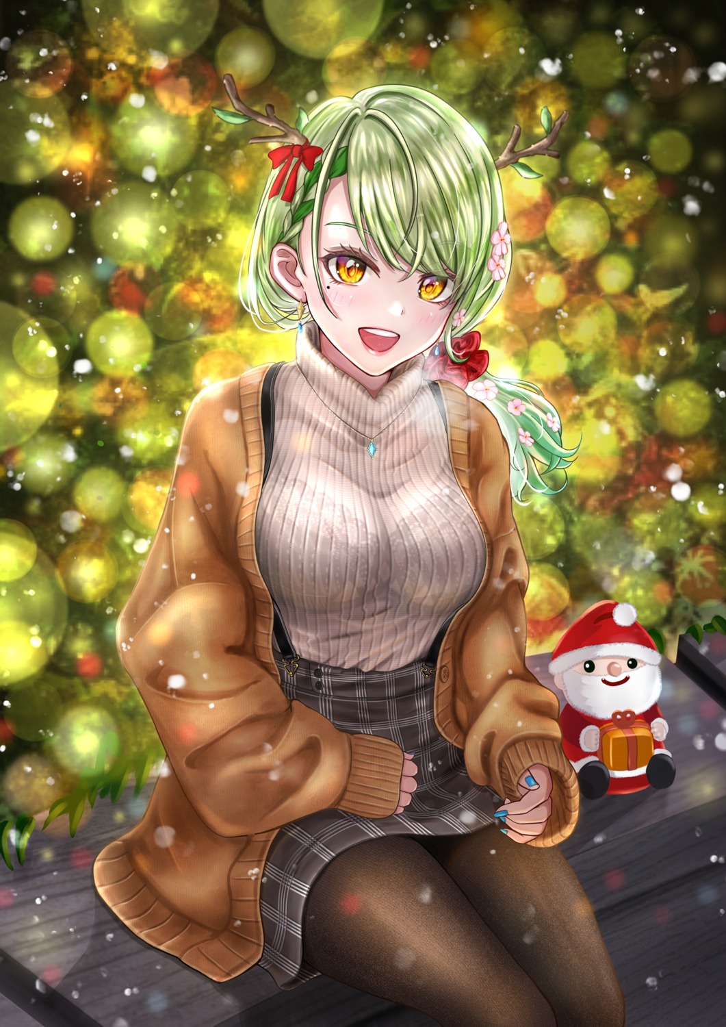 bra ceres_fauna christmas hololive hololive_english horns norino pantyhose see_through sweater