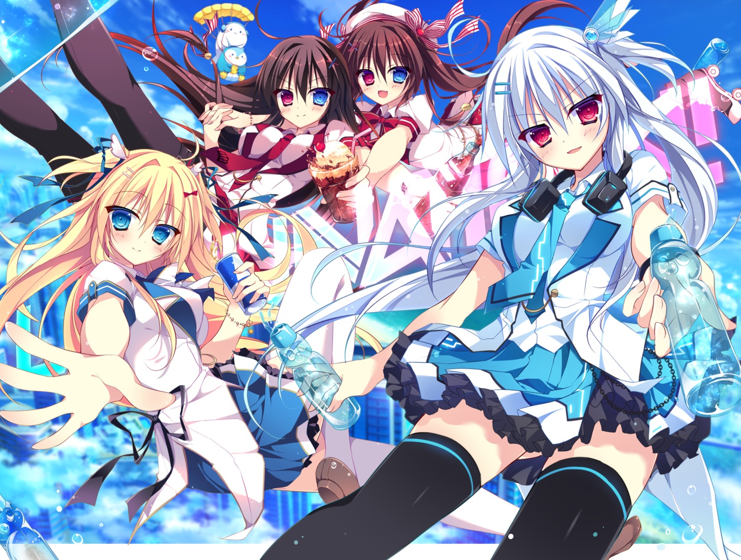 akahoshi_corona aoumi_ramune headphones heterochromia iris_crystal_heart lamunation! muku_(apupop) rayla_million_carat seifuku thighhighs whitepowder