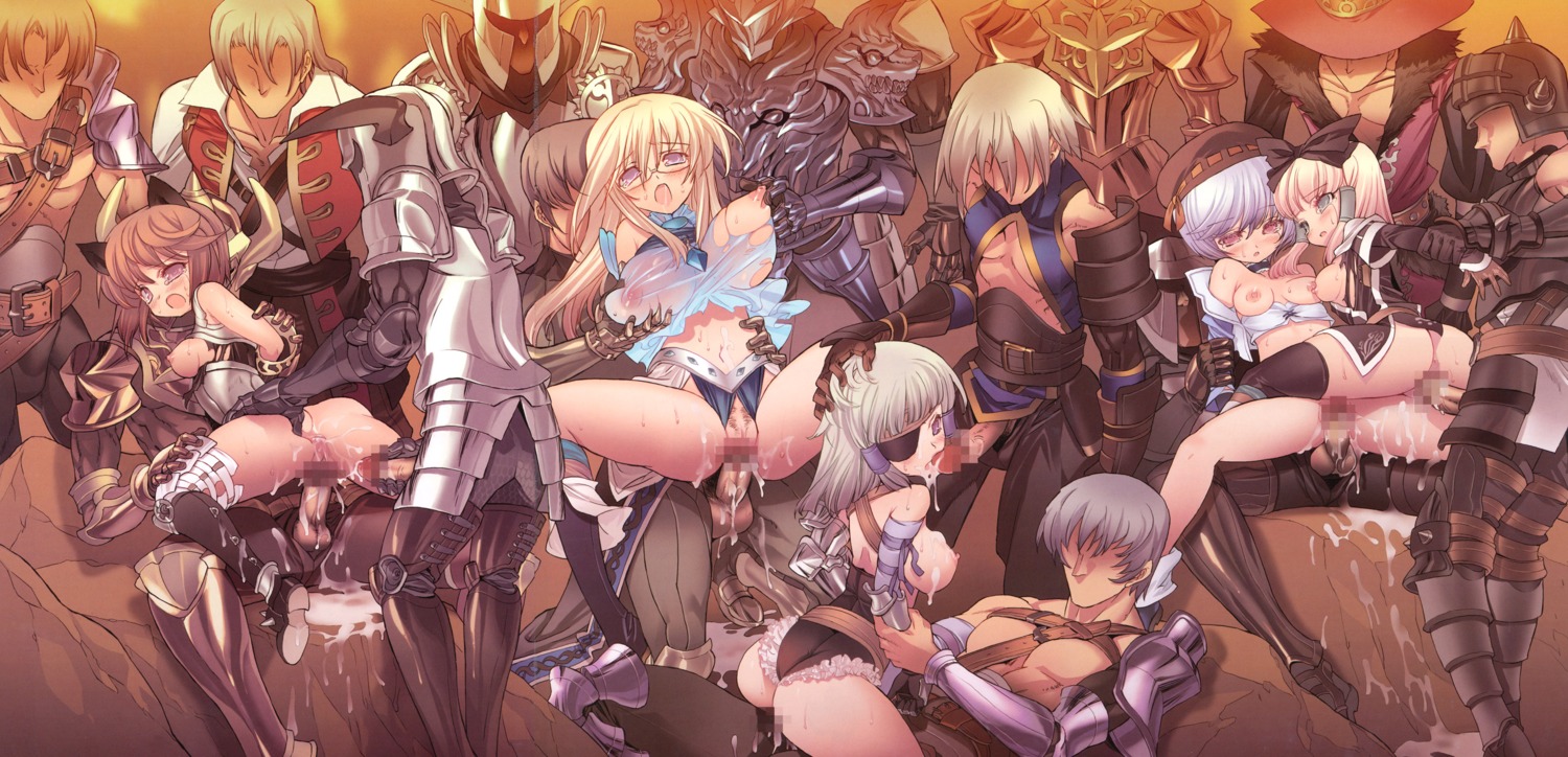 armor ass blade breast_grab breasts censored cum fantasy_earth_zero fixme gangbang lingerie megane open_shirt penis pussy scanning_dust thighhighs