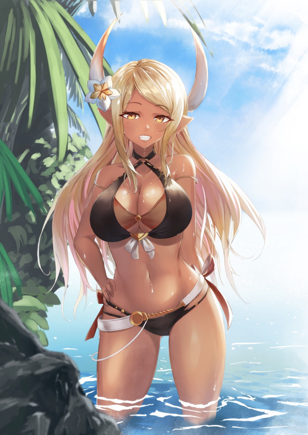 alulunkiruto bikini granblue_fantasy horns kuvira_(granblue_fantasy) pointy_ears swimsuits wet
