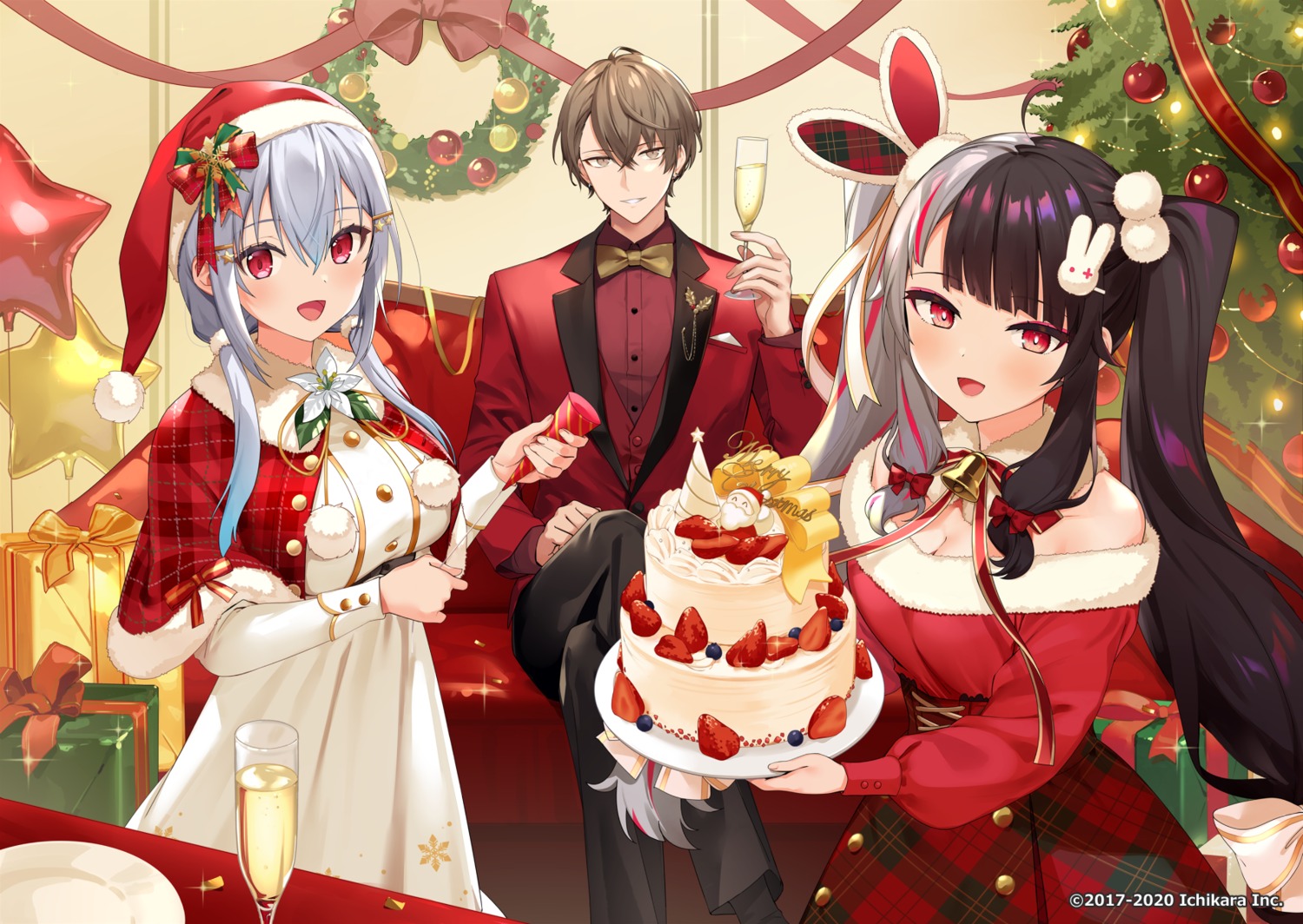 business_suit christmas cleavage dress hakase_fuyuki kagami_hayato nijisanji no_bra urata_asao yorumi_rena