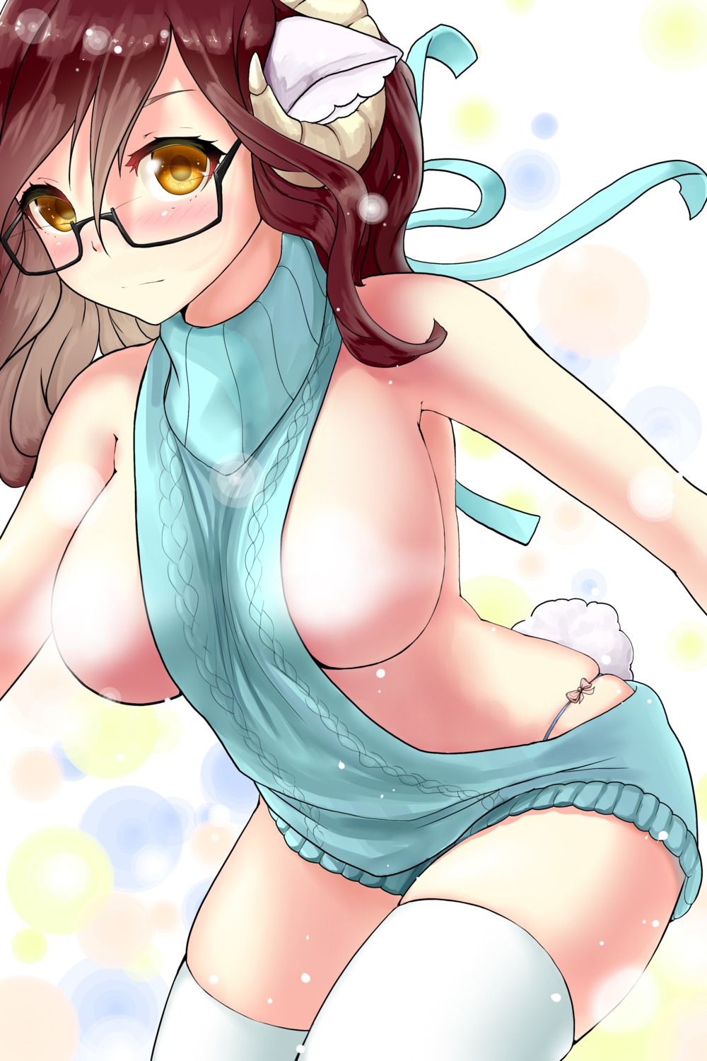 animal_ears breasts censored davvworlds horns megane no_bra pantsu string_panties sweater tail thighhighs underboob