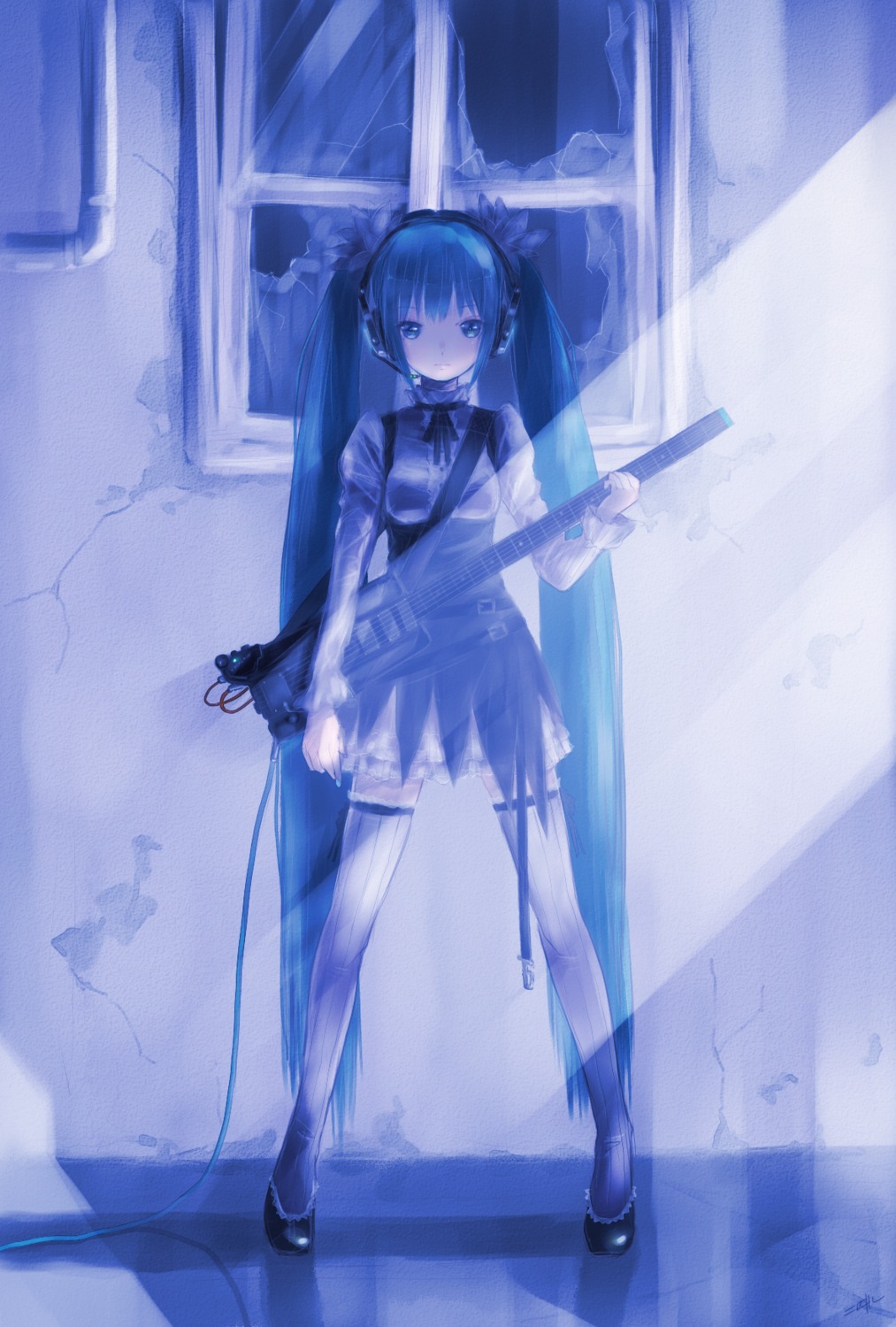 dress guitar hatsune_miku headphones kowiru thighhighs vocaloid