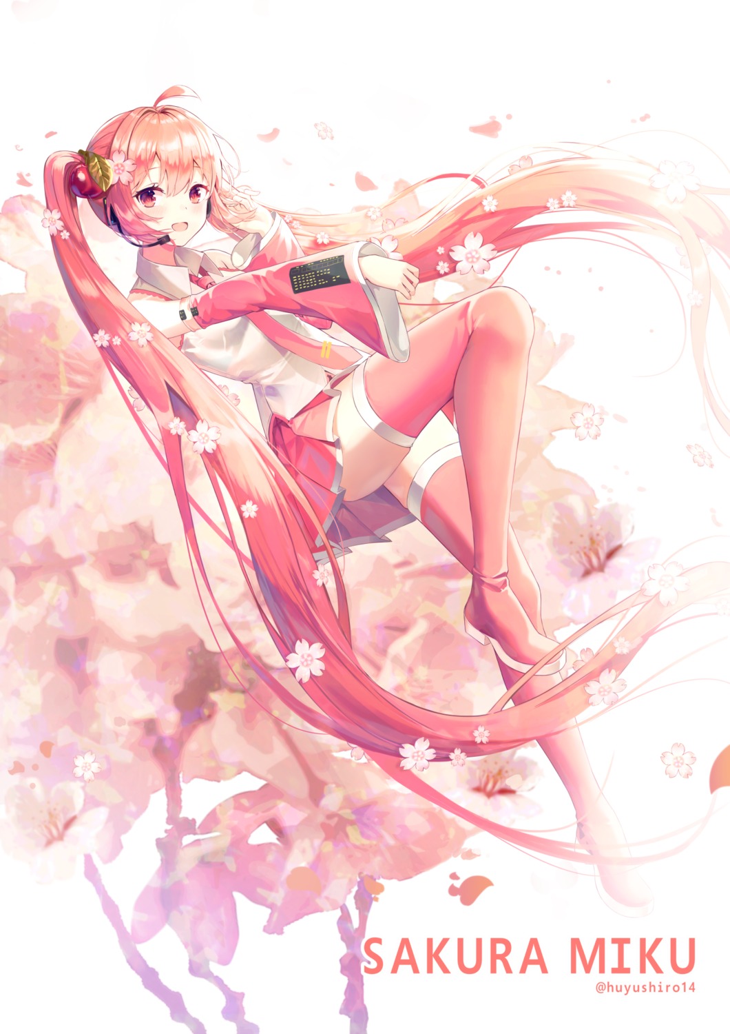 hatsune_miku headphones sakura_miku seero skirt_lift thighhighs vocaloid