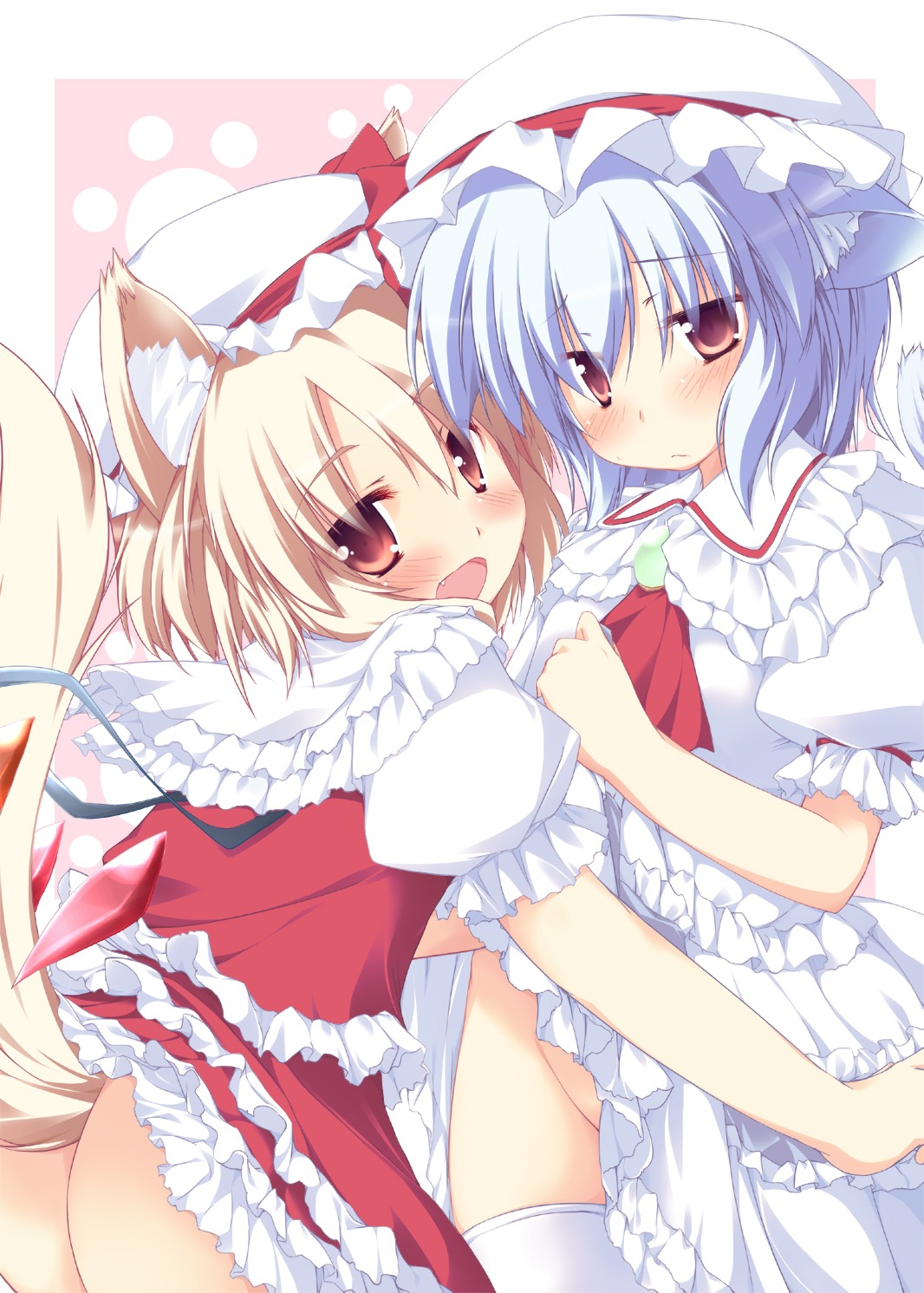 animal_ears flandre_scarlet loli nanpuu nekomimi nopan remilia_scarlet skirt_lift tail thighhighs touhou