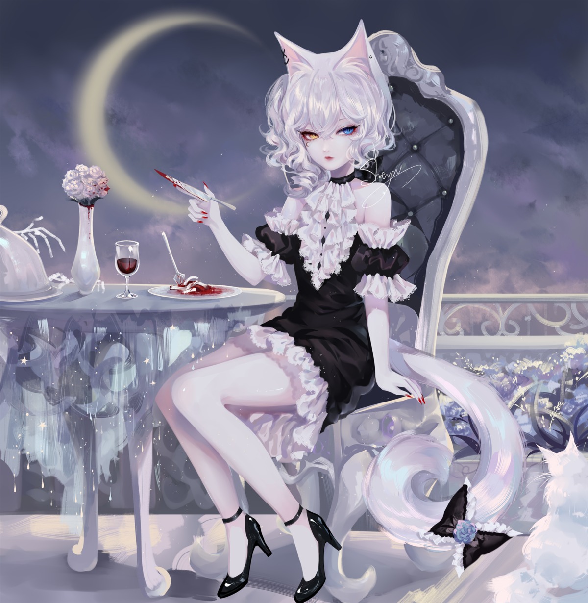 animal_ears blood dress heels heterochromia neko nekomimi sheya tail