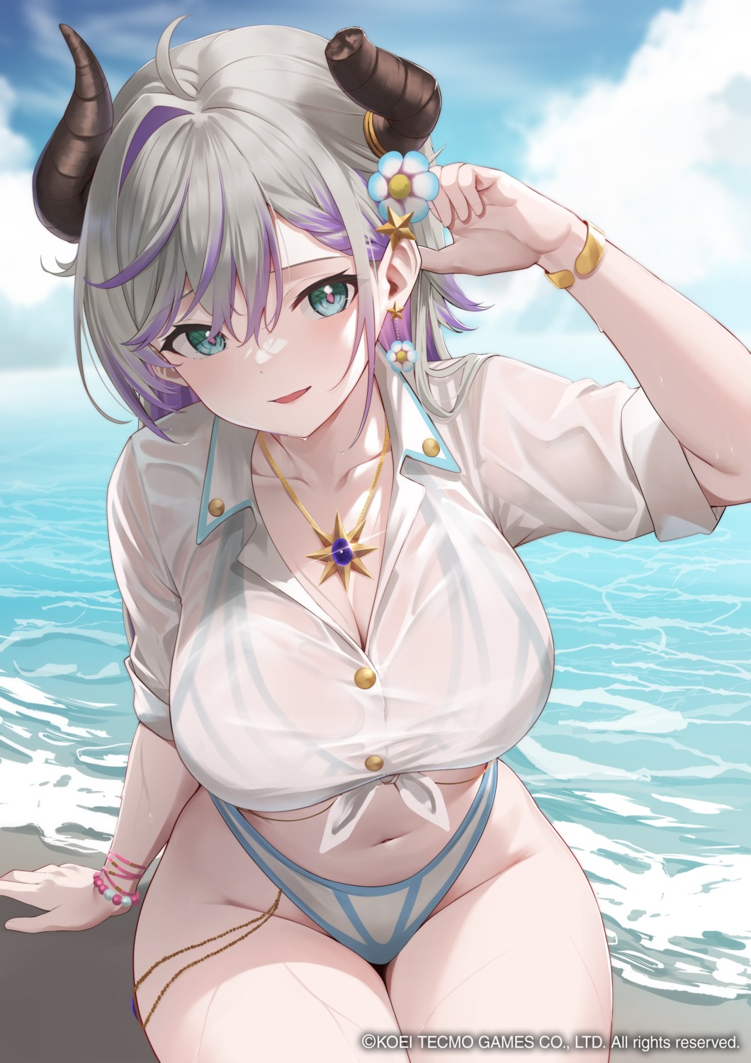 atelier atelier_resleriana bikini horns koei_tecmo koisuke open_shirt see_through swimsuits valeria_(atelier) wet wet_clothes