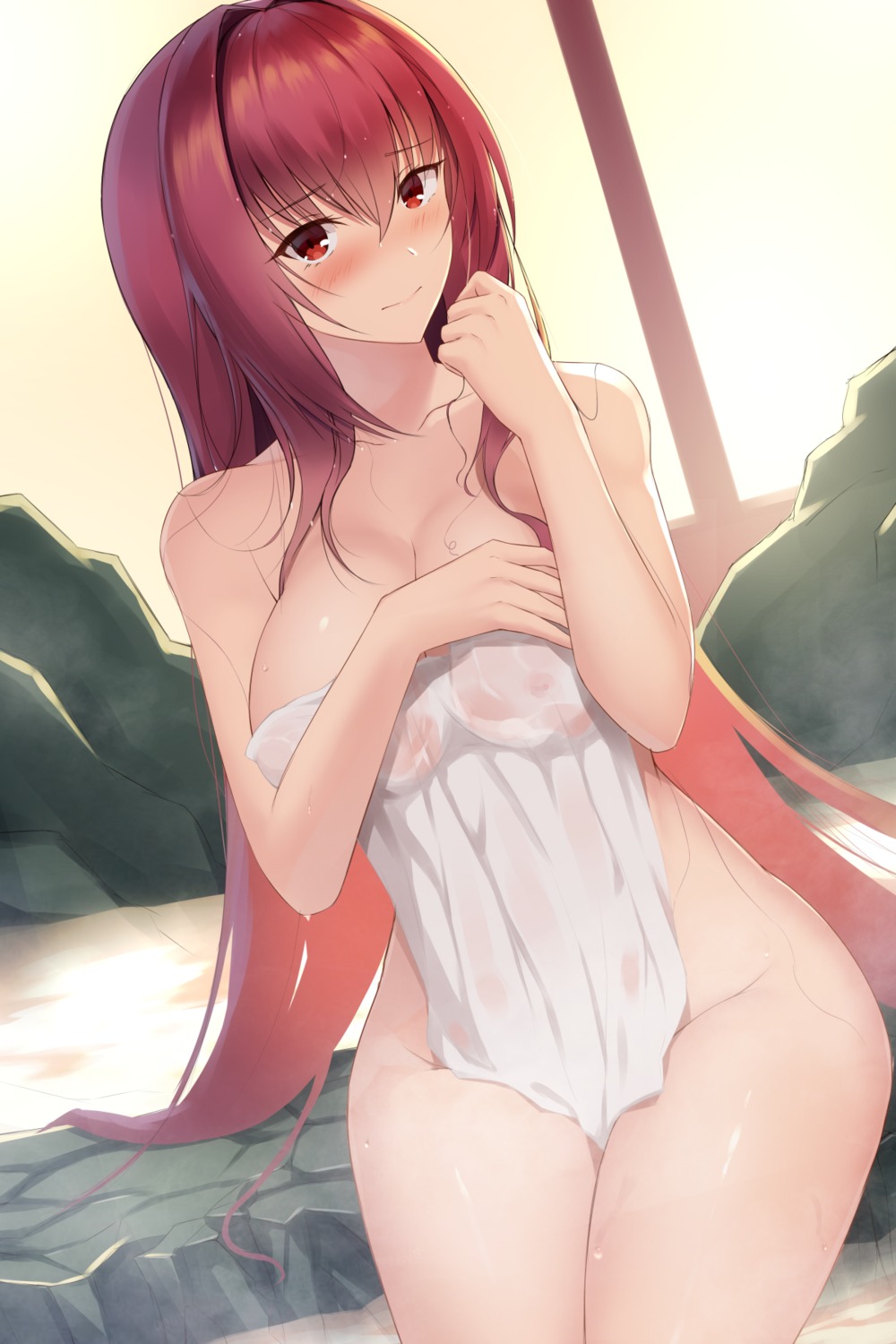 breast_hold fate/grand_order feng_mouren onsen scathach_(fate/grand_order) towel