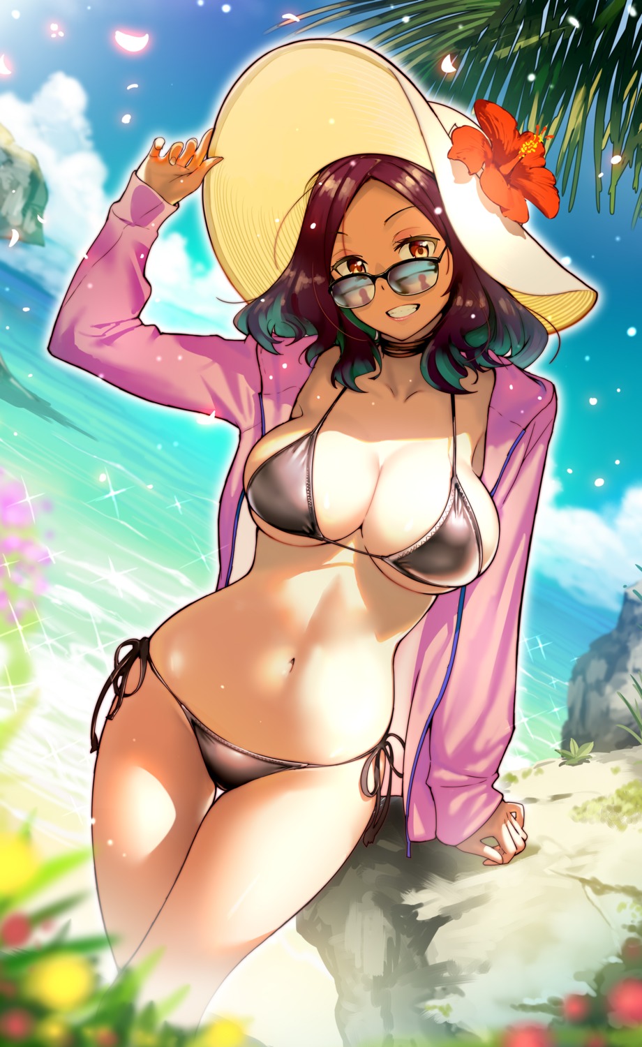 bikini megane open_shirt swimsuits twinpoo