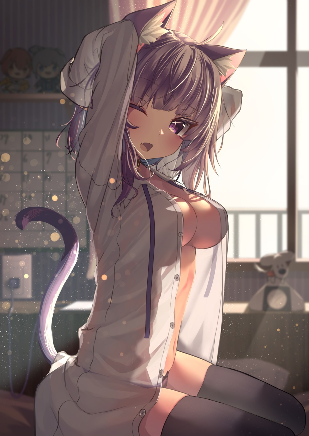 animal_ears dress_shirt hololive hololive_gamers inaba_teitoku nekomata_okayu nekomimi no_bra open_shirt pantsu see_through tail thighhighs