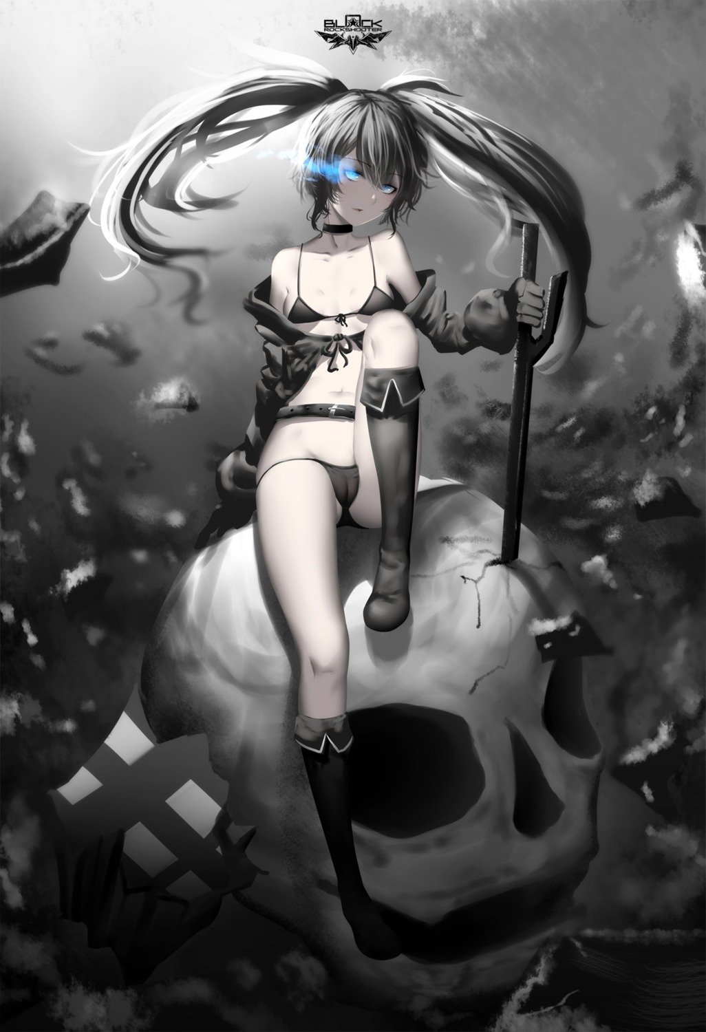 bikini black_rock_shooter black_rock_shooter_(character) cameltoe cleavage hk_(hk) open_shirt swimsuits sword underboob