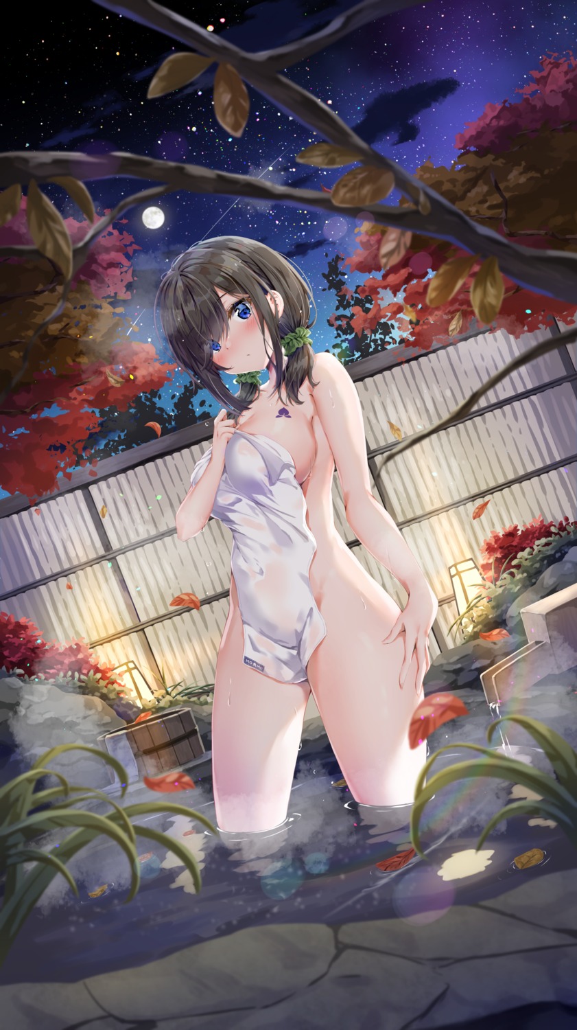 bathing kuria_(clear_trip_second) naked onsen see_through tattoo towel wet