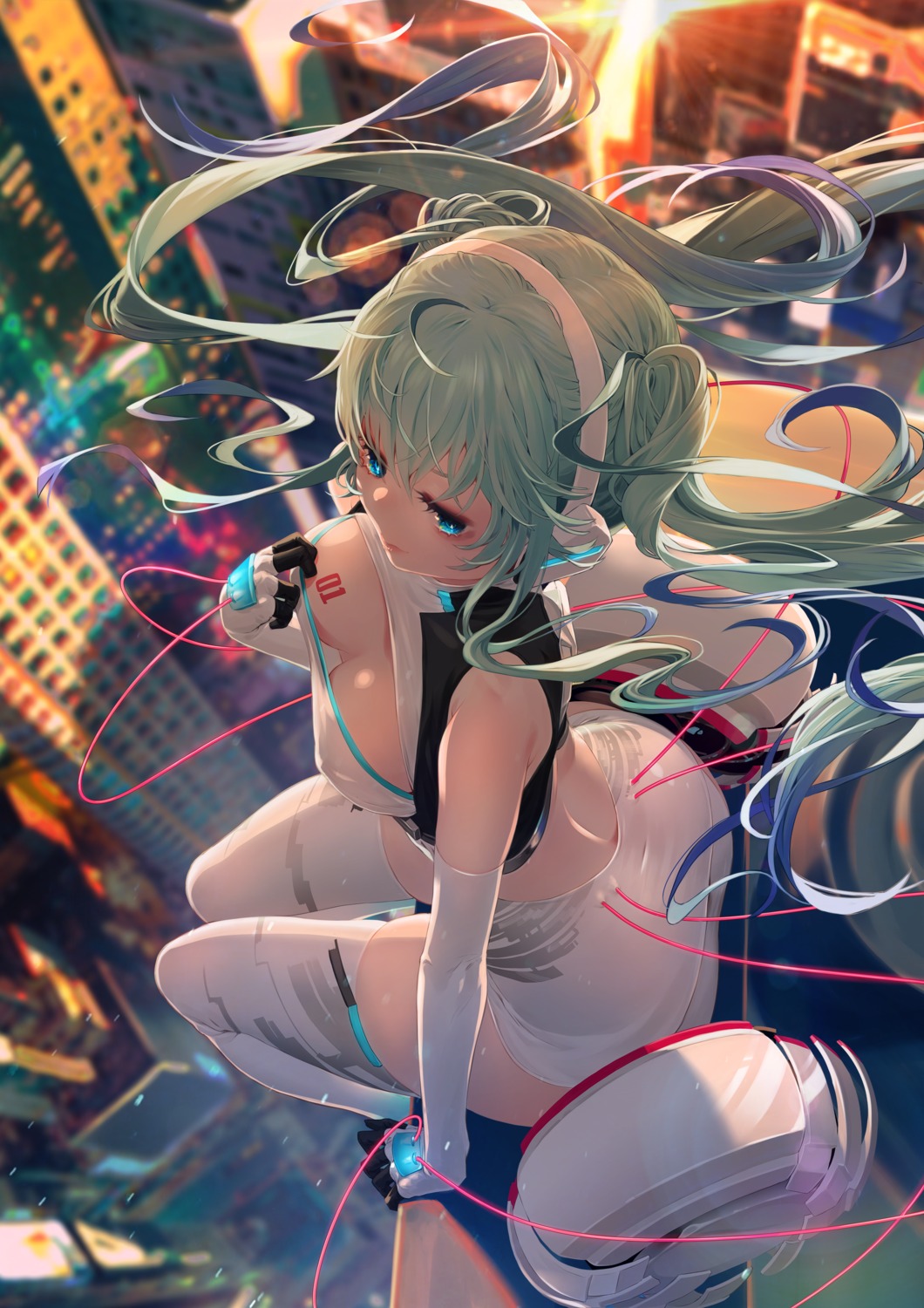 ass breast_hold erect_nipples goodsmile_racing hatsune_miku headphones no_bra oohhya racing_miku see_through tattoo thighhighs vocaloid