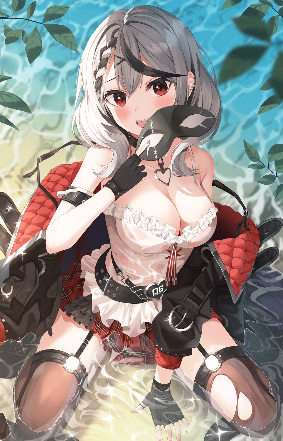 hololive k.j. no_bra sakamata_chloe see_through stockings thighhighs torn_clothes wet wet_clothes