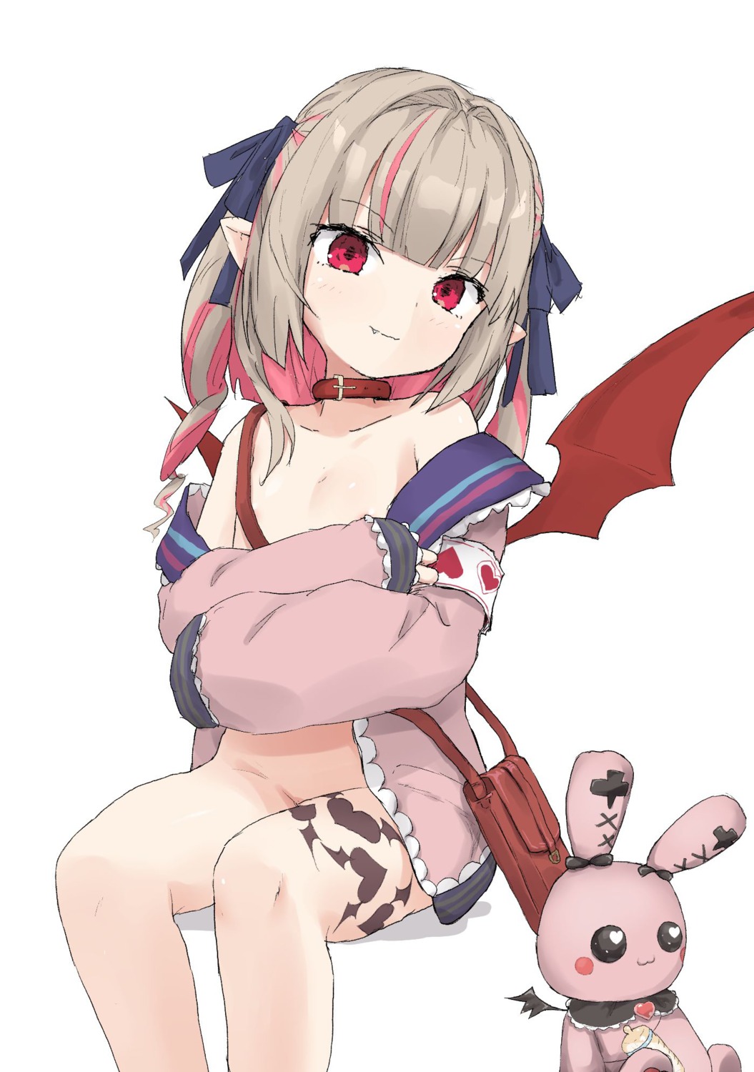 bottomless loli makaino_ririmu nijisanji nijisanji_gamers no_bra open_shirt pointy_ears tattoo wings yakihebi