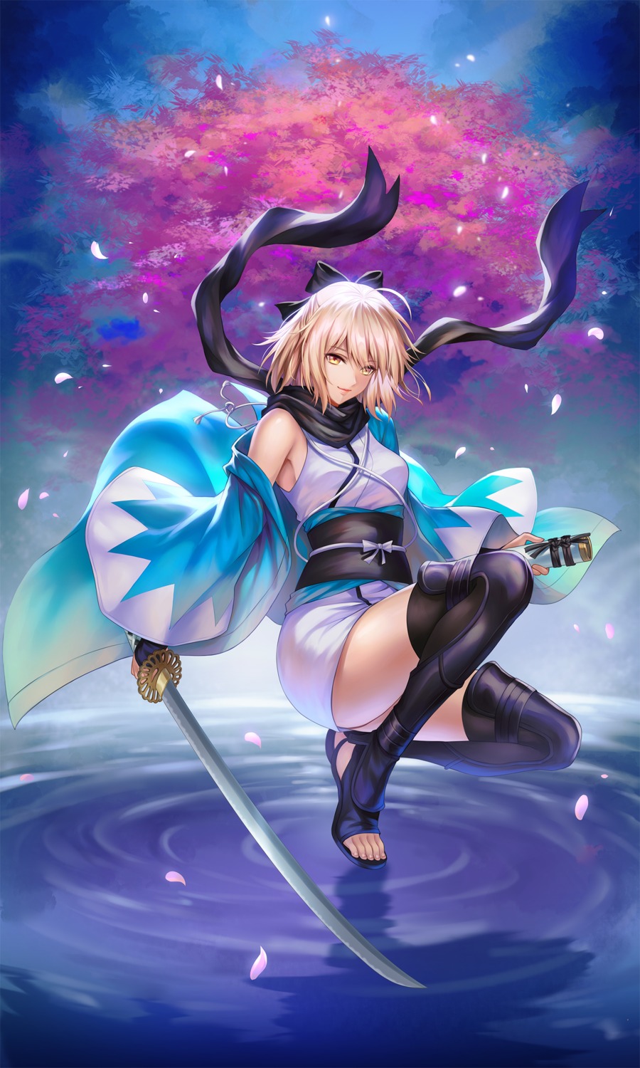 fate/grand_order japanese_clothes kacyu okita_souji_(fate) sword thighhighs