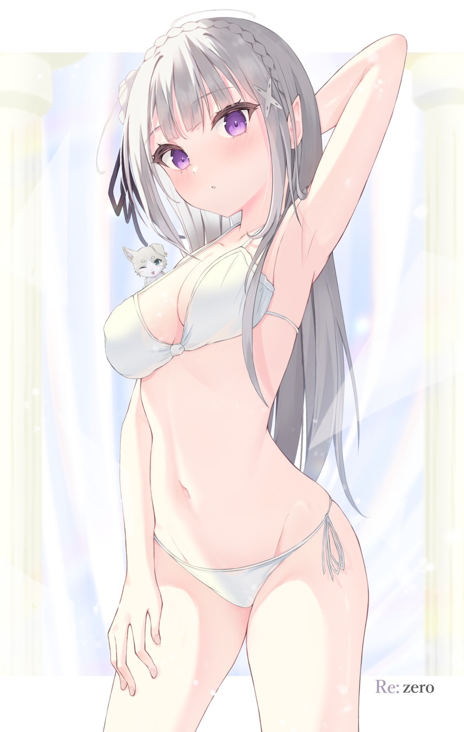 bikini elf emilia_(re_zero) komura_hiroto pointy_ears re_zero_kara_hajimeru_isekai_seikatsu swimsuits