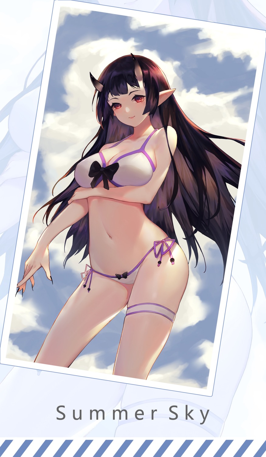 bikini breast_hold garter horns lis_zhu_long pointy_ears swimsuits