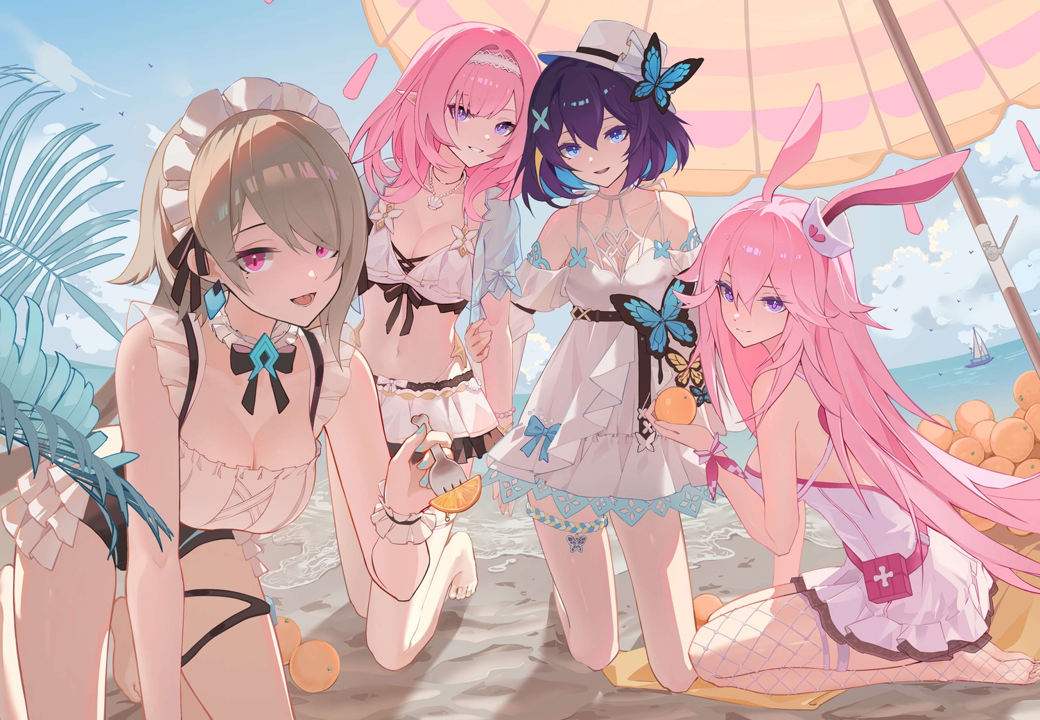 ai_dongdong animal_ears benghuai_xueyuan bikini bunny_ears cleavage dress elysia_(honkai_impact) fishnets garter honkai_impact maid pointy_ears rita_rossweisse seele_vollerei swimsuits thighhighs yae_sakura_(benghuai_xueyuan)