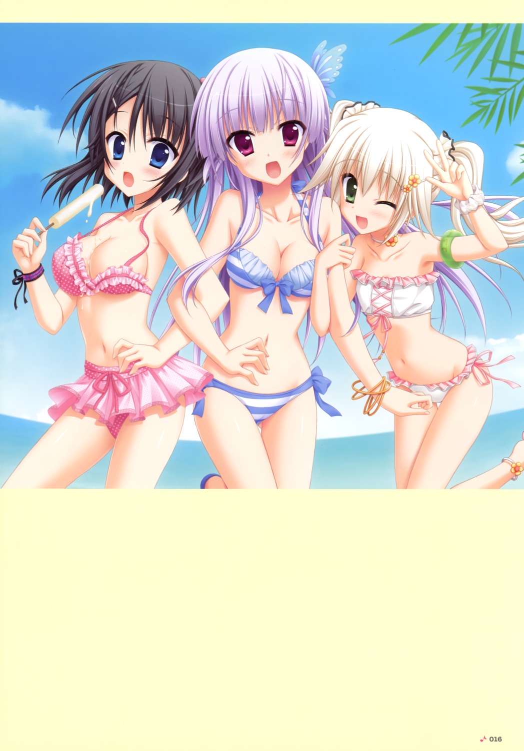 bikini cleavage cream hatsuyuki_sakura hontani_kanae saga_planets shinonome_nozomu shirokuma swimsuits tamaki_sakura wardrobe_malfunction