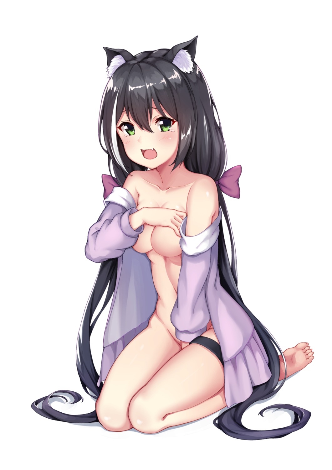 animal_ears bottomless breast_hold breasts garter huan_(hao7551789) karyl_(princess_connect) nekomimi no_bra open_shirt princess_connect princess_connect!_re:dive tail