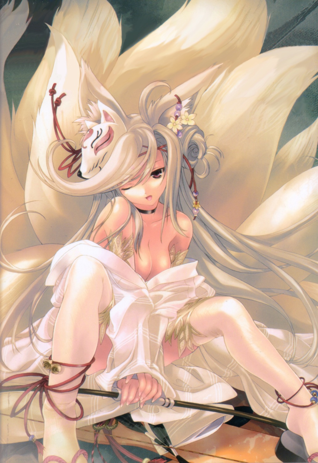 animal_ears cleavage kitsune miwa_yoshikazu no_bra thighhighs