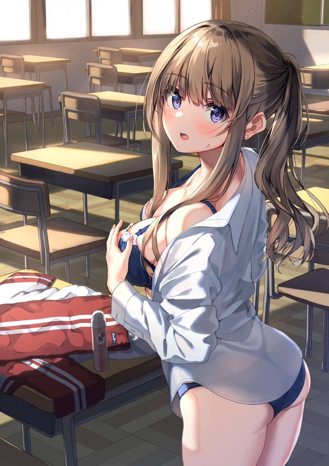 ass bra breast_hold dress_shirt gym_uniform lingerie open_shirt pantsu see_through unasaka