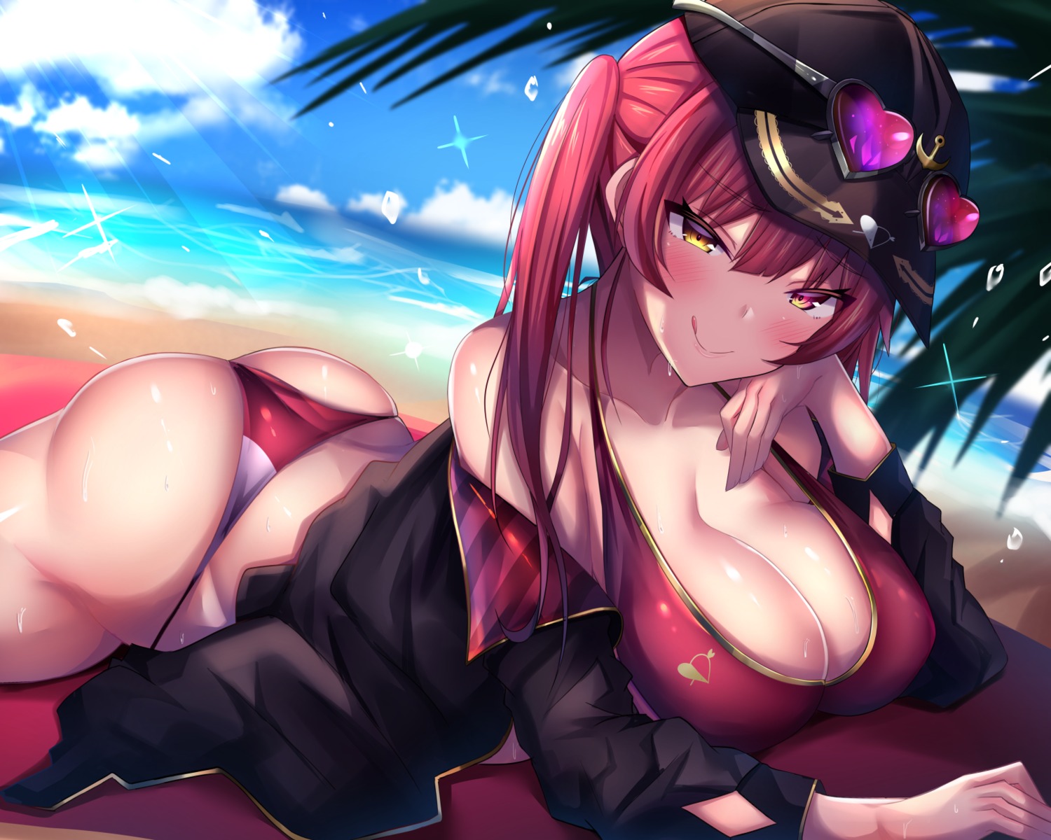 bikini heterochromia hololive houshou_marine megane open_shirt shiki_(catbox230123) swimsuits thong