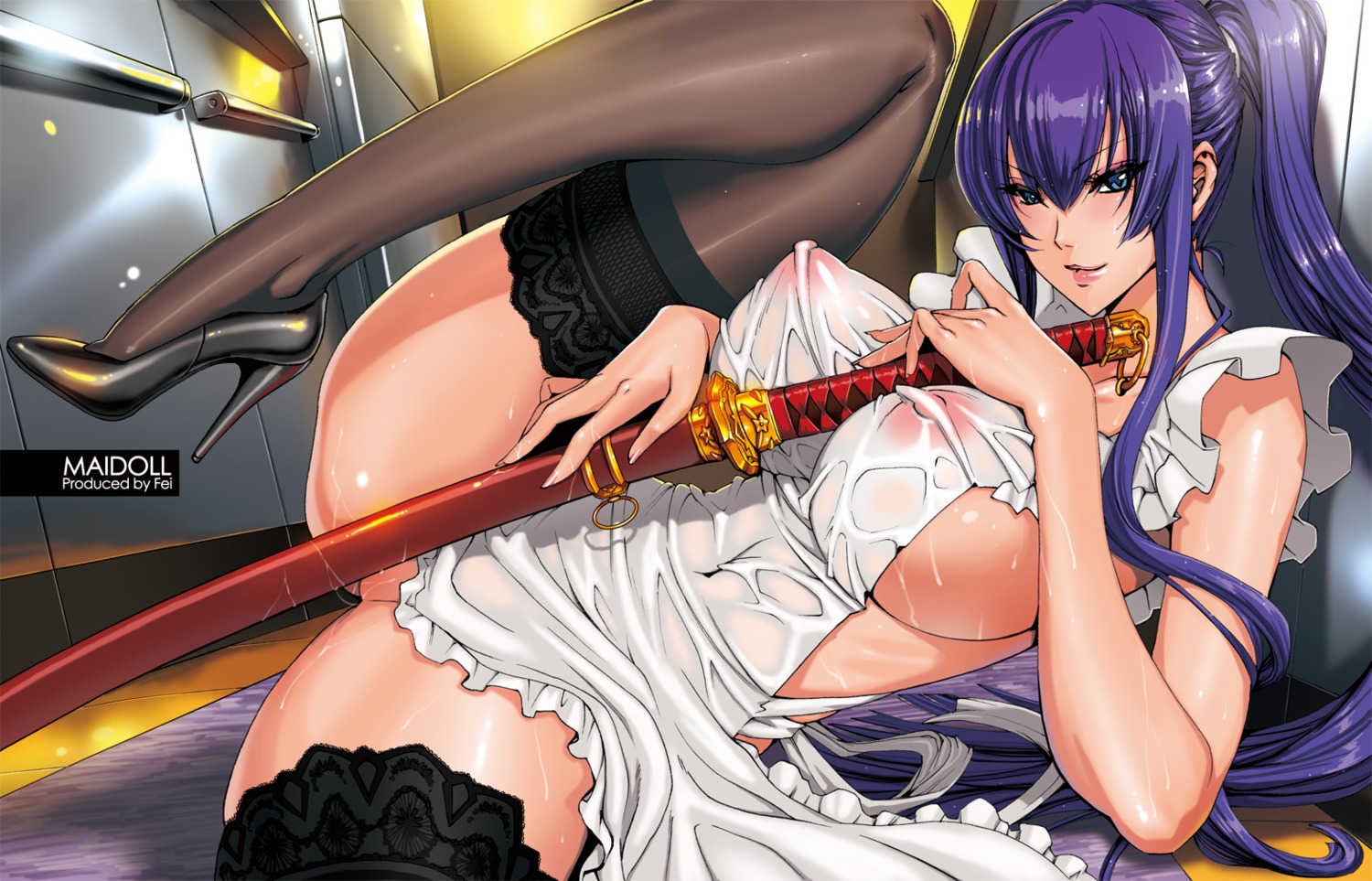 busujima_saeko fei heels highschool_of_the_dead jpeg_artifacts maidoll naked_apron nipples see_through sword thighhighs