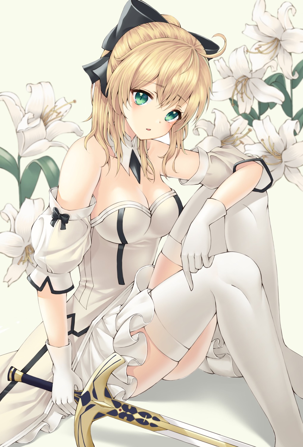 cleavage dress fate/grand_order now_(nowsicaa_) saber saber_lily skirt_lift sword thighhighs