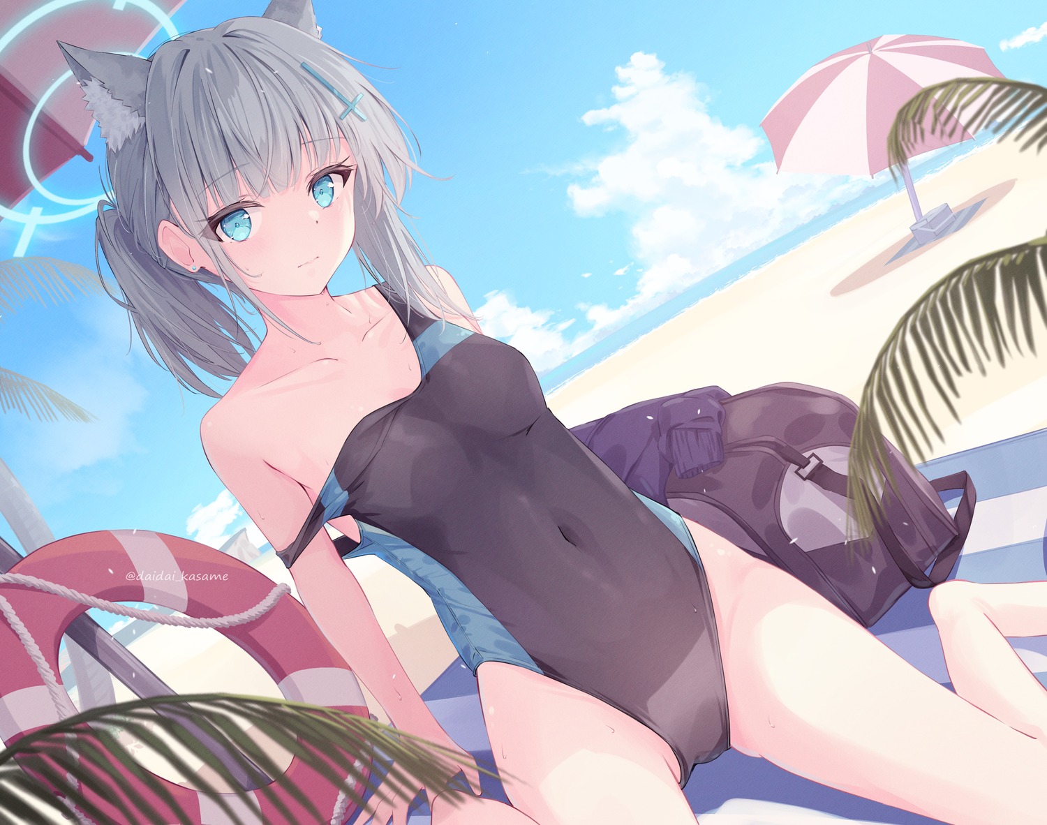 animal_ears blue_archive daidai_(daidai826) halo nekomimi sunaookami_shiroko swimsuits