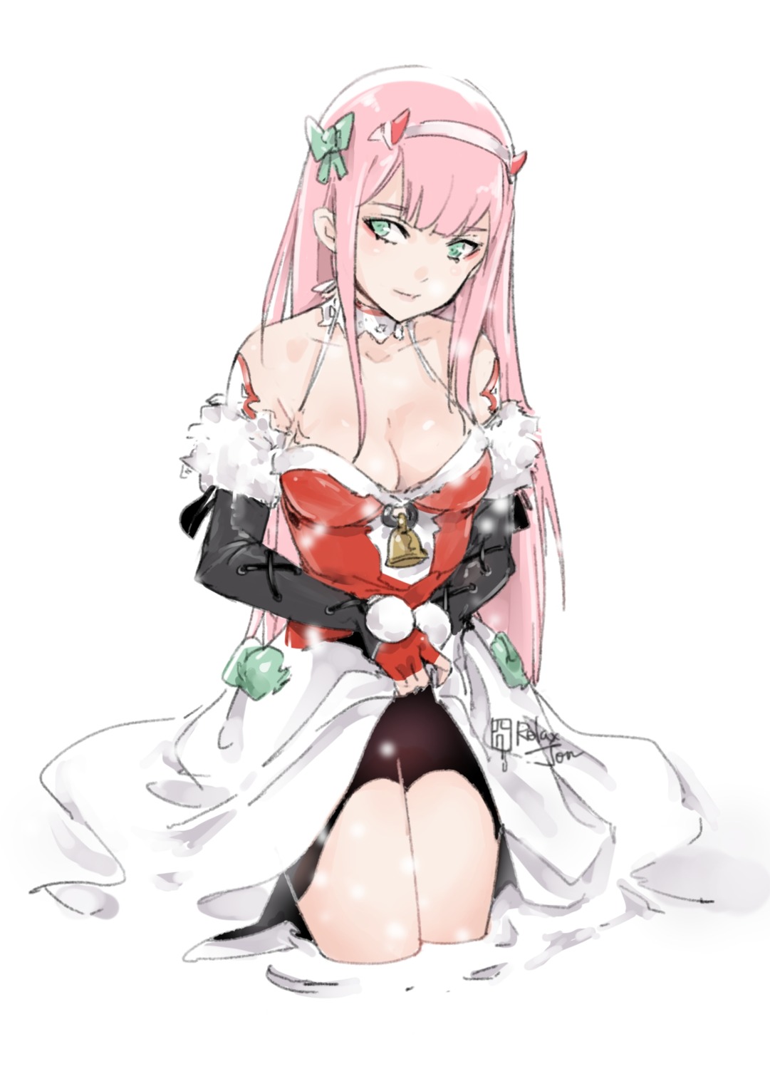 christmas cleavage darling_in_the_franxx horns relaxjon sketch skirt_lift wet zero_two_(darling_in_the_franxx)