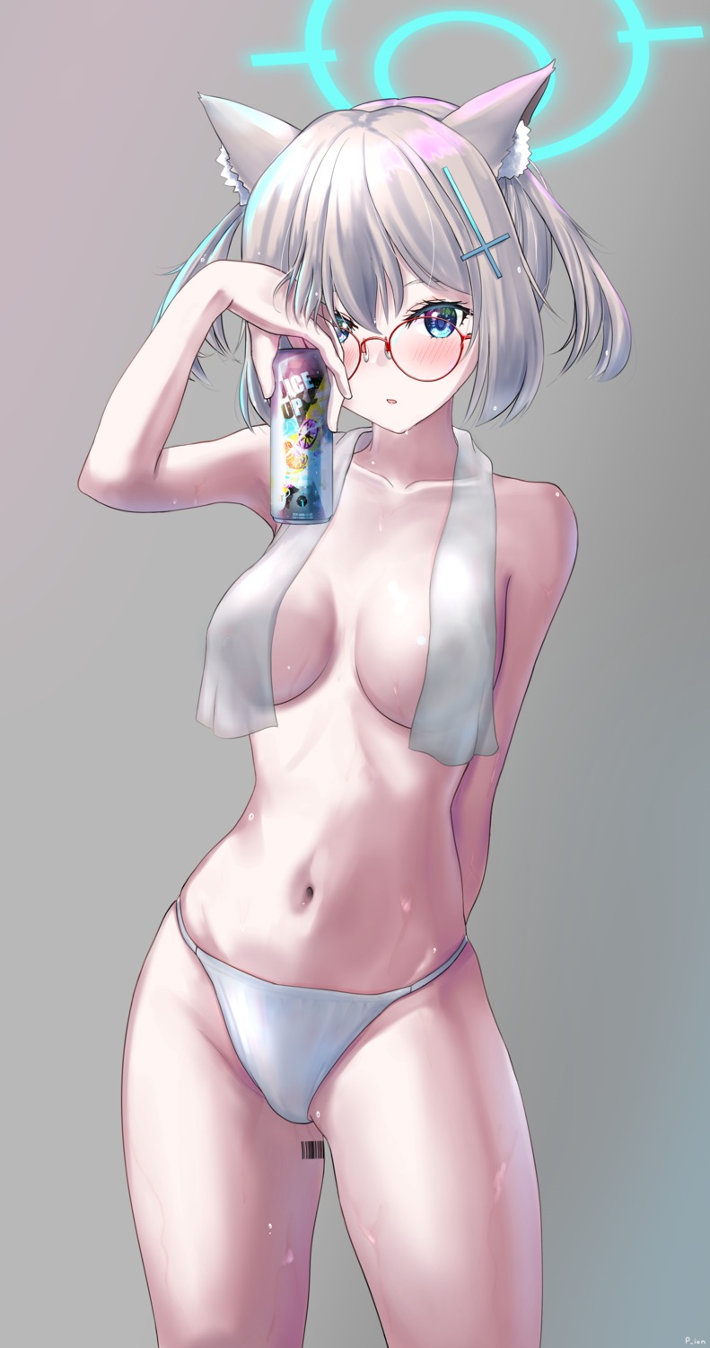 animal_ears blue_archive halo megane nekomimi p_ion pantsu sunaookami_shiroko tattoo topless towel wet