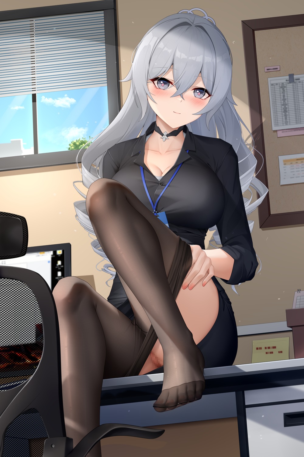 benghuai_xueyuan bronya_zaychik censored cleavage dress_shirt feet honkai_impact lrh0123 nopan pantyhose pussy skirt_lift undressing