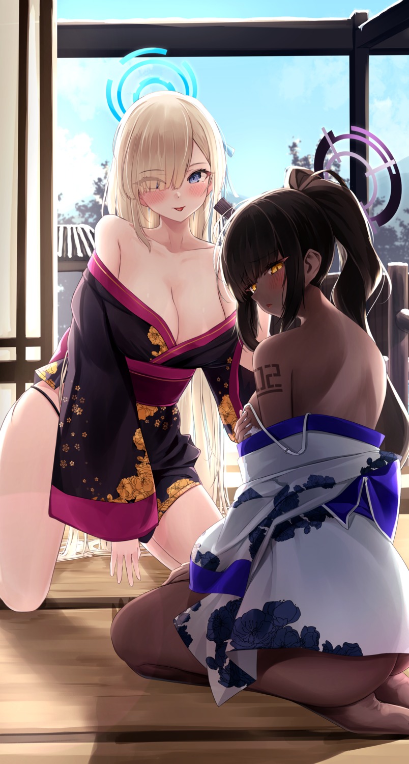 ass blue_archive bra breast_hold halo ichinose_asuna kakudate_karin kimono nopan open_shirt pantsu rodailuda tattoo