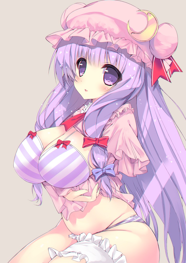 bra breast_hold cleavage garter noto_kurumi open_shirt pantsu patchouli_knowledge shimapan touhou