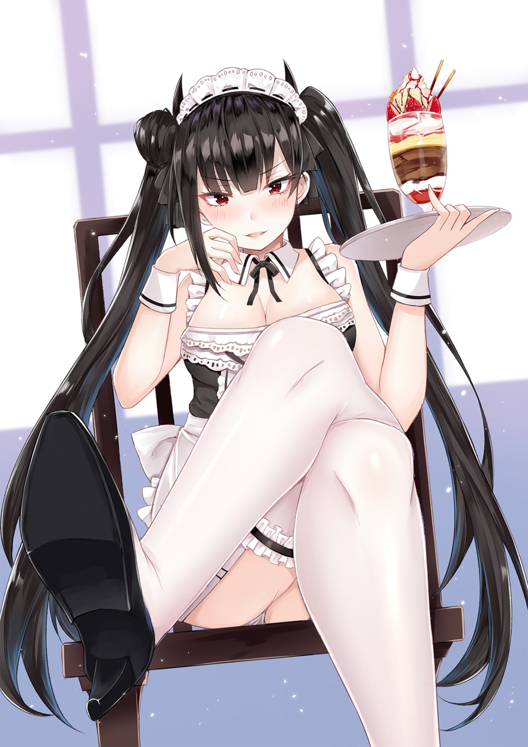 cleavage coffeedog girls_frontline heels maid ouroboros_(girls_frontline) pantsu stockings thighhighs waitress