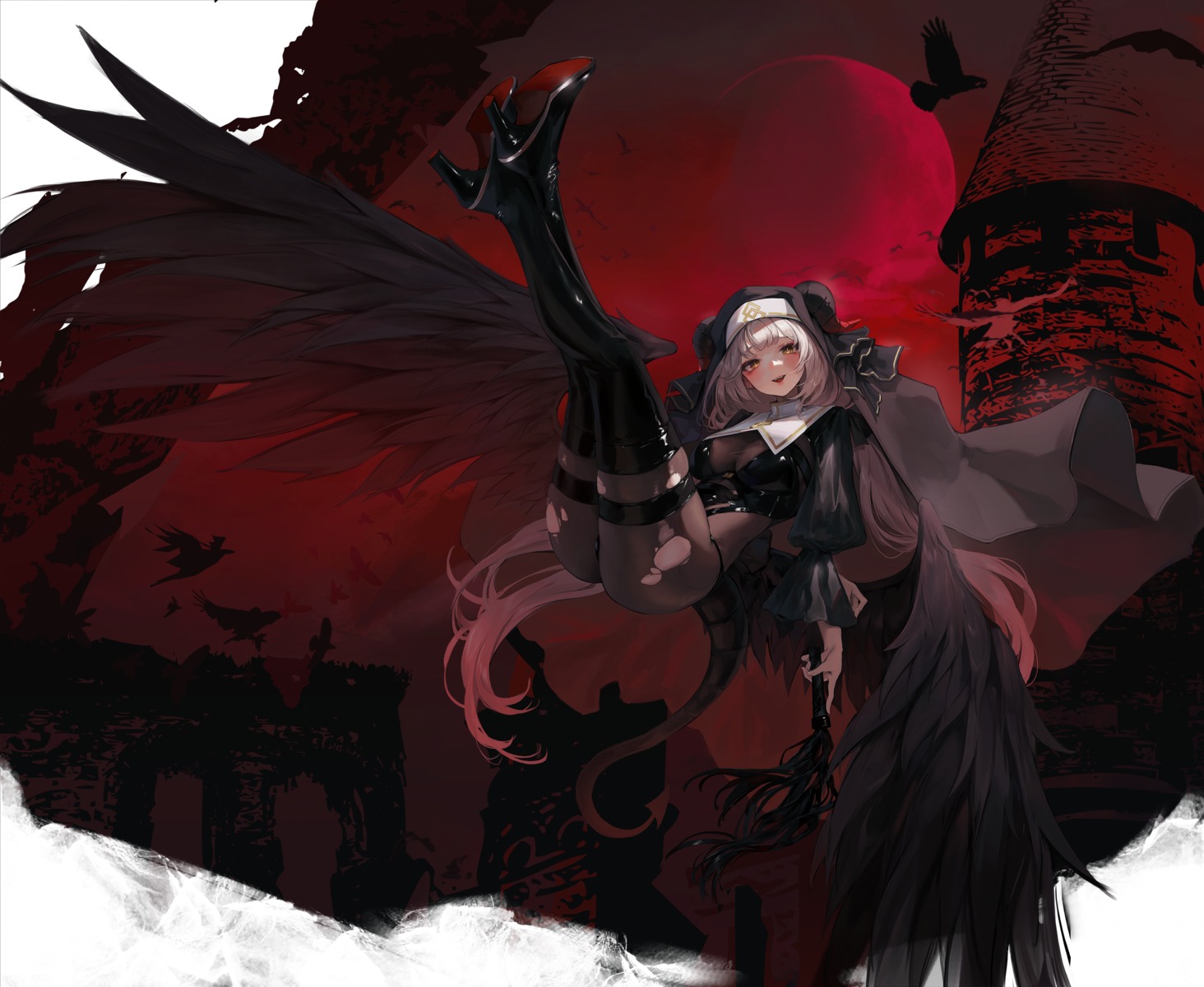 garter heels hiki_niito horns nun pantyhose torn_clothes wings