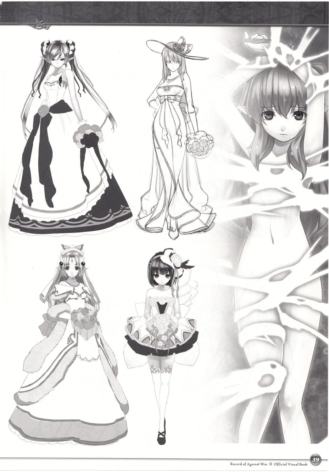 agarest_senki agarest_senki_2 cleavage dress fiona_(agarest_senki) hirano_katsuyuki liel loli mervina monochrome naked_ribbon pointy_ears screening sketch sofia_(agarest_senki) thighhighs vanessa_(agarest_senki) wedding_dress