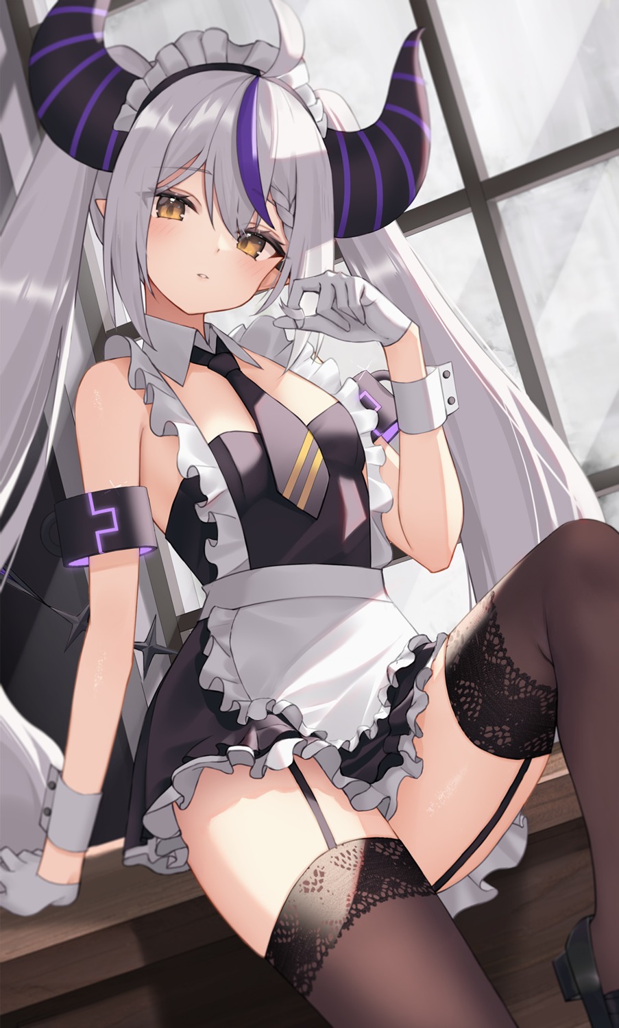 hololive horns la+_darknesss maid pointy_ears skirt_lift stockings tail thighhighs thomas_8000
