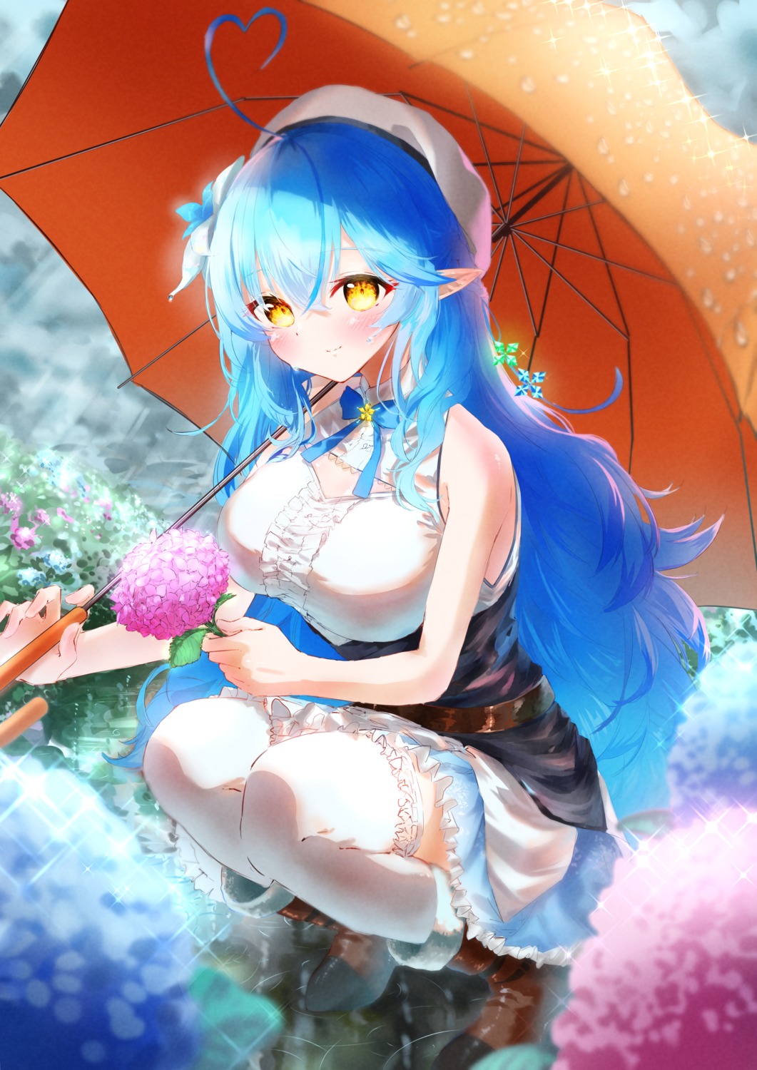 dentaku_music hololive pointy_ears skirt_lift thighhighs umbrella yukihana_lamy