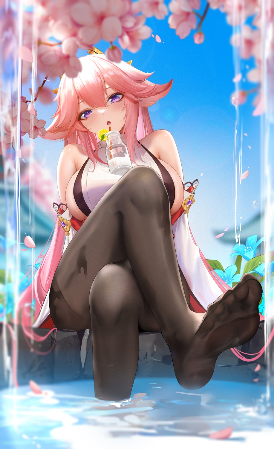 animal_ears feet genshin_impact japanese_clothes kitsune liu_liaoliao no_bra pantyhose wet yae_miko