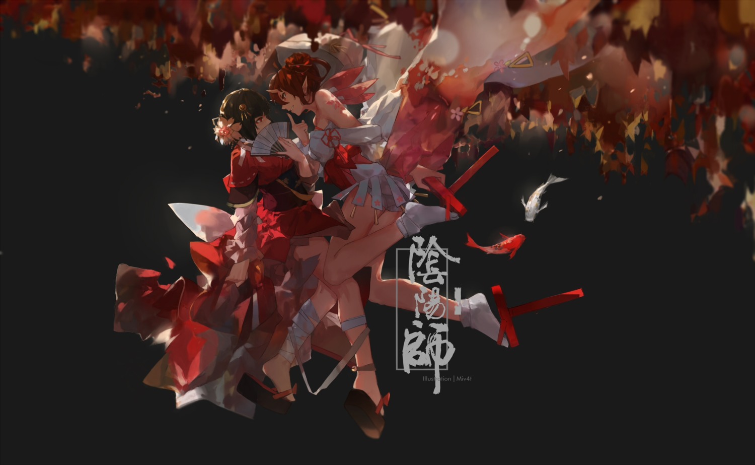 bandages horns japanese_clothes miv4t momo_(onmyouji) onmyouji pointy_ears sakura_(onmyouji)