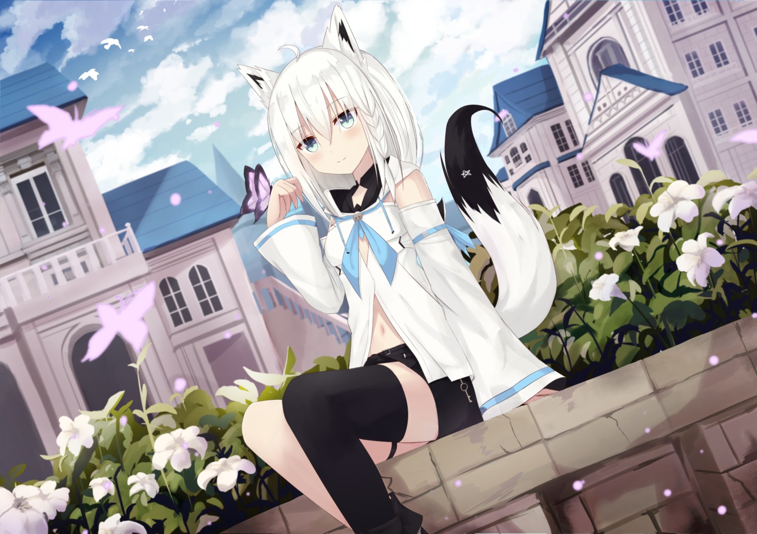 animal_ears garter hololive hololive_gamers kitsune landscape shirakami_fubuki tail thighhighs touhourh