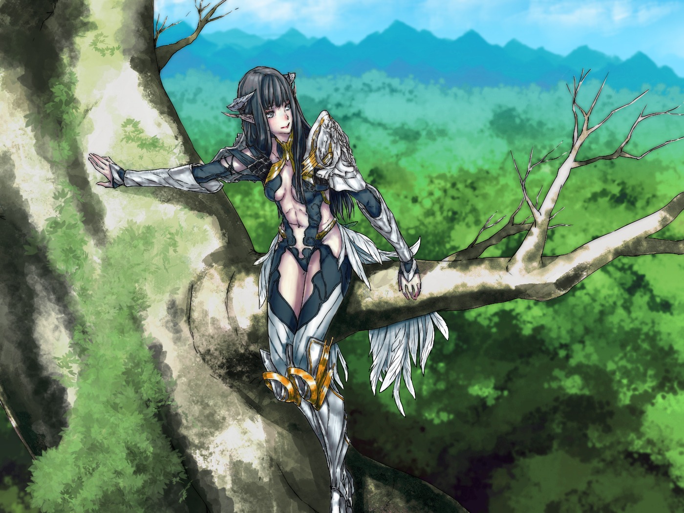 armor cleavage elf landscape pointy_ears xi_meng