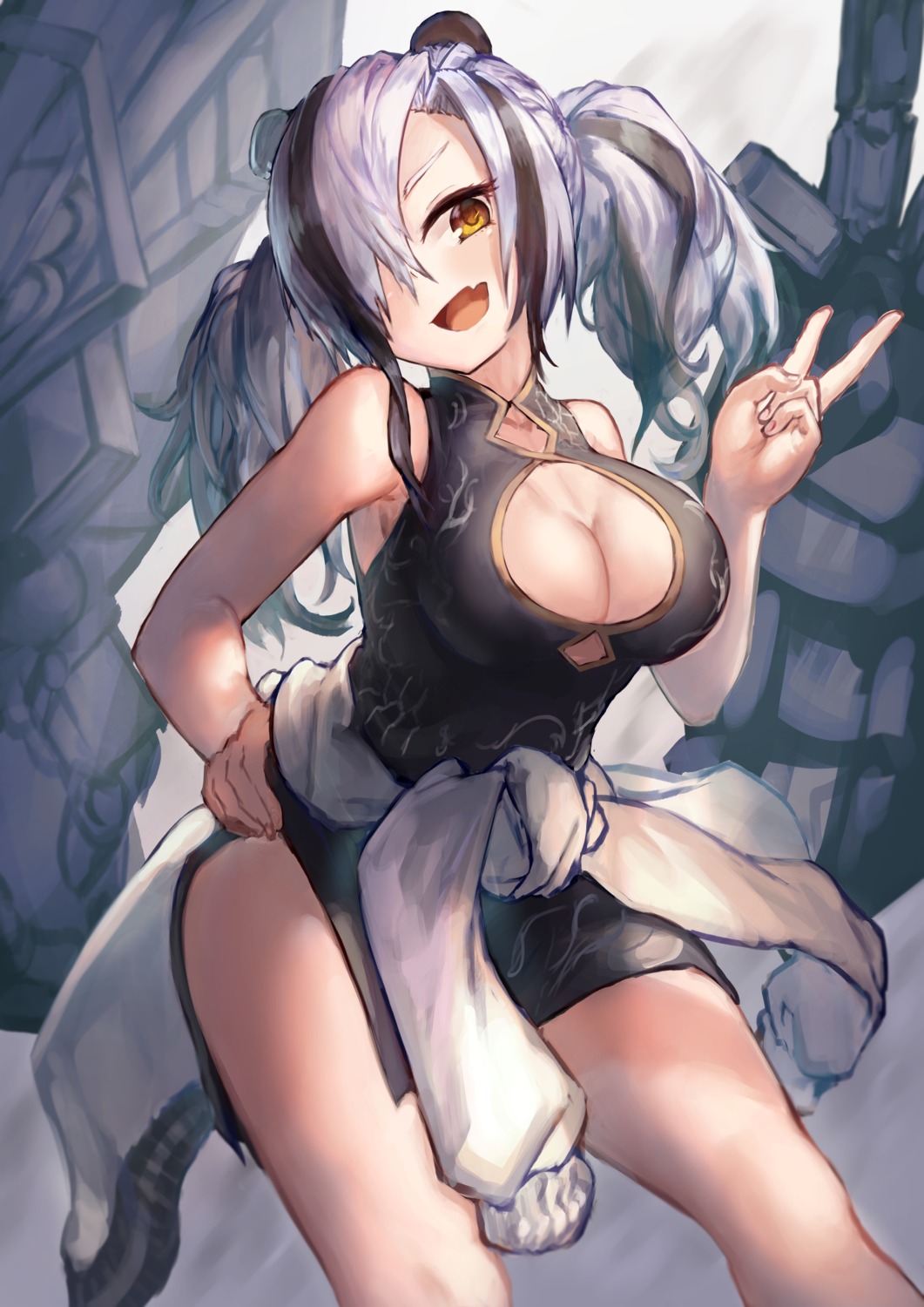 animal_ears arknights chinadress feater_(arknights) no_bra yuji