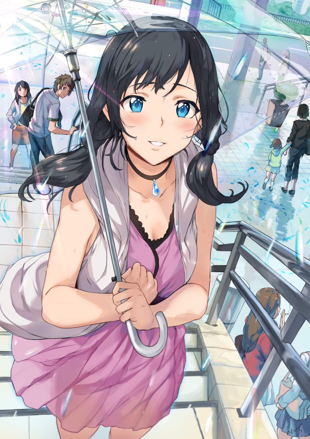 amano_hina cleavage crossover dress hews kimi_no_na_wa. koto_no_ha_no_niwa miyamizu_mitsuha okudera_miki see_through tachibana_taki tenki_no_ko umbrella yukino_yukari