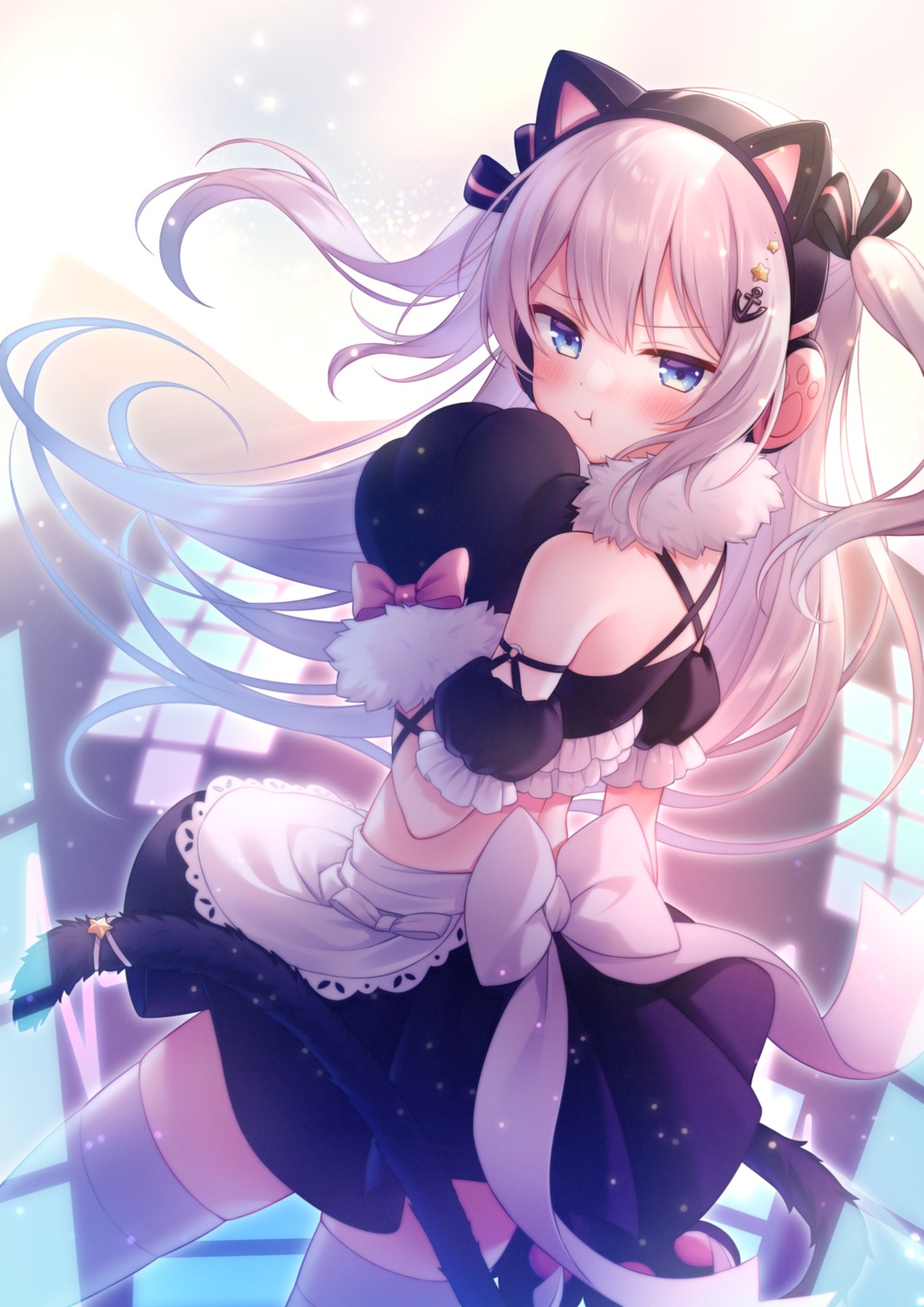 amene_kurumi animal_ears azur_lane hammann_(azur_lane) headphones maid nekomimi skirt_lift tail thighhighs