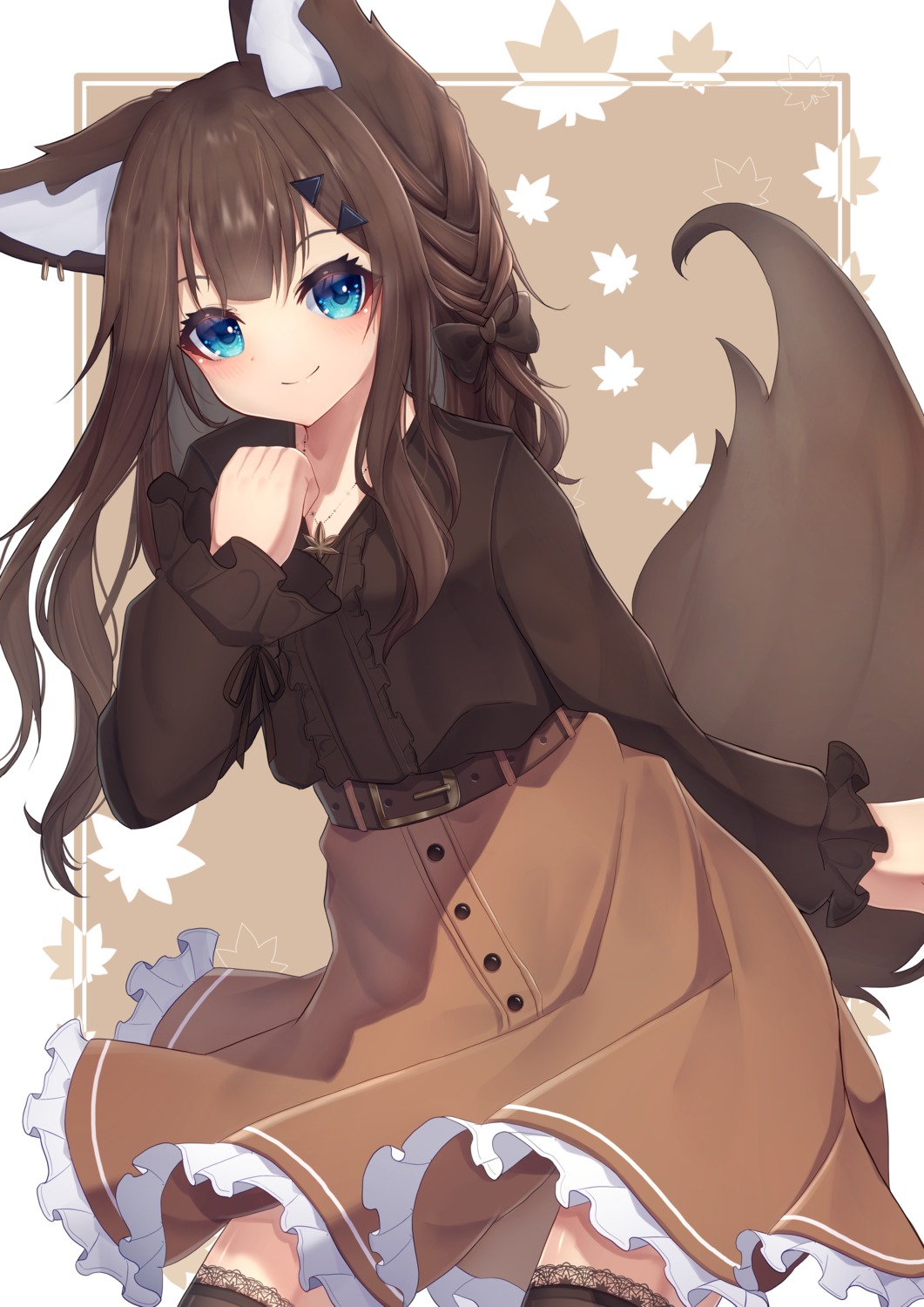 animal_ears hinata_(pixiv53862745) kitsune skirt_lift tail thighhighs